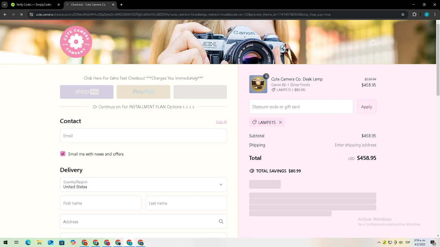 Cute Camera discount code screenshot showing code LAMPS15 applied at Cute Camera checkout page. Uploaded by SimplyCodes community member Zxdqui on Feb 4, 2025