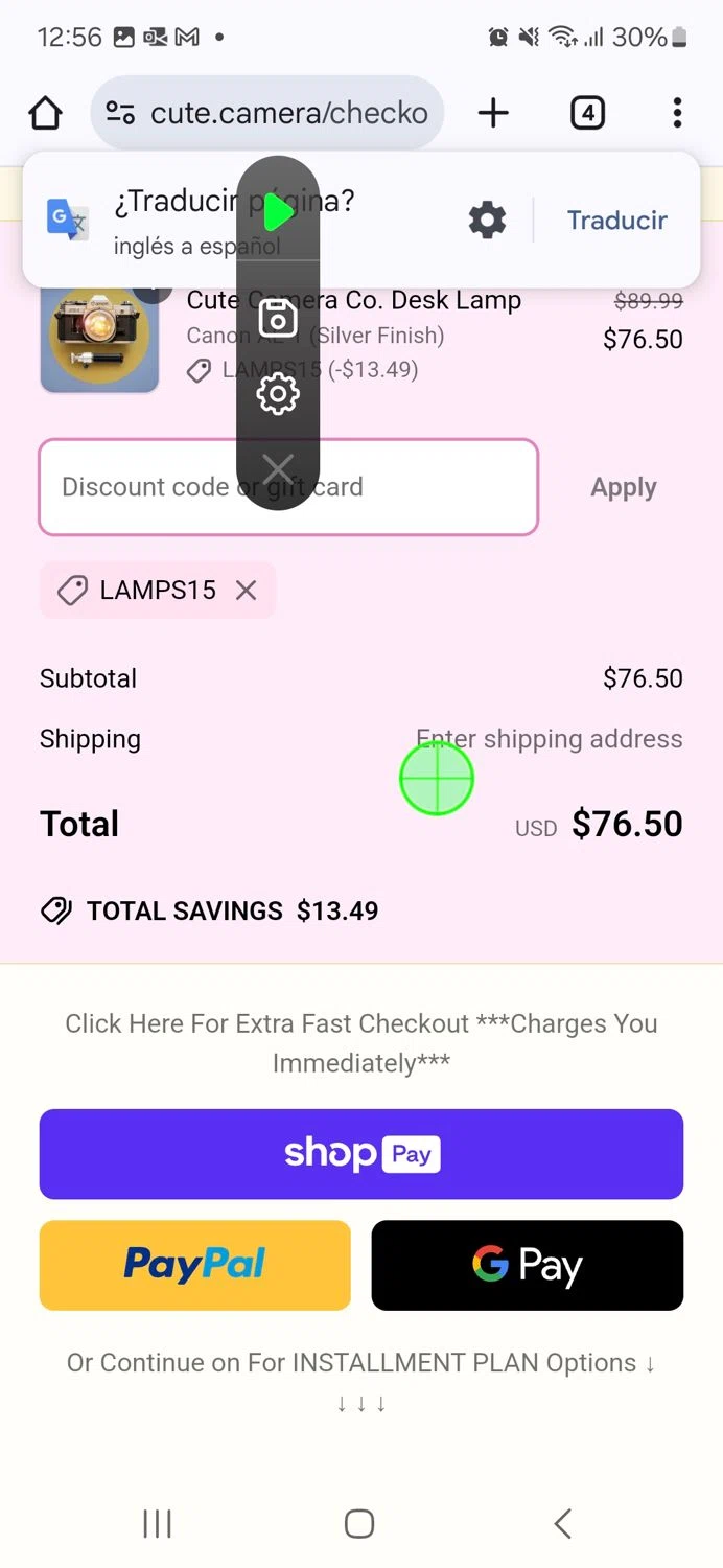Cute Camera discount code screenshot showing code LAMPS15 applied at Cute Camera checkout page. Uploaded by SimplyCodes community member admeneses on Mar 26, 2025