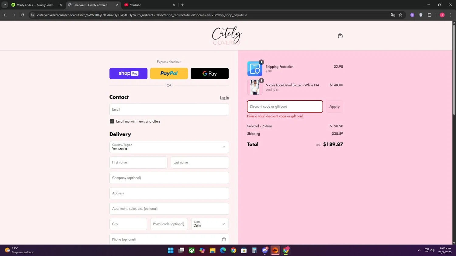 Cutely Covered discount code screenshot showing code THANKYOU15 applied at Cutely Covered checkout page. Uploaded by SimplyCodes community member CoinRanger3407 on Jul 29, 2025