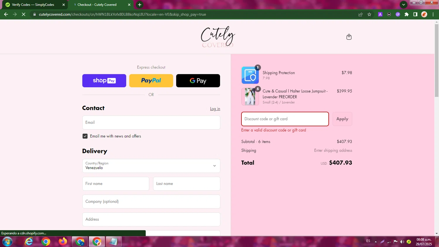 Cutely Covered discount code screenshot showing code THANKYOU15 applied at Cutely Covered checkout page. Uploaded by SimplyCodes community member LegendaryBoss7060 on Jul 29, 2025