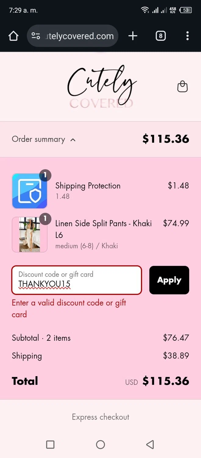 Cutely Covered discount code screenshot showing code THANKYOU15 applied at Cutely Covered checkout page. Uploaded by SimplyCodes community member Miggy2024 on Jul 29, 2025