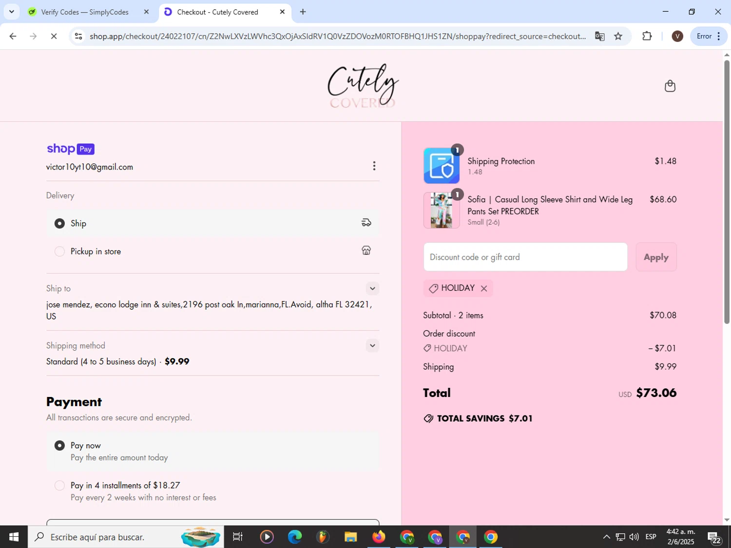 Cutely Covered discount code screenshot showing code HOLIDAY applied at Cutely Covered checkout page. Uploaded by SimplyCodes community member CashLion3448 on Jun 2, 2025
