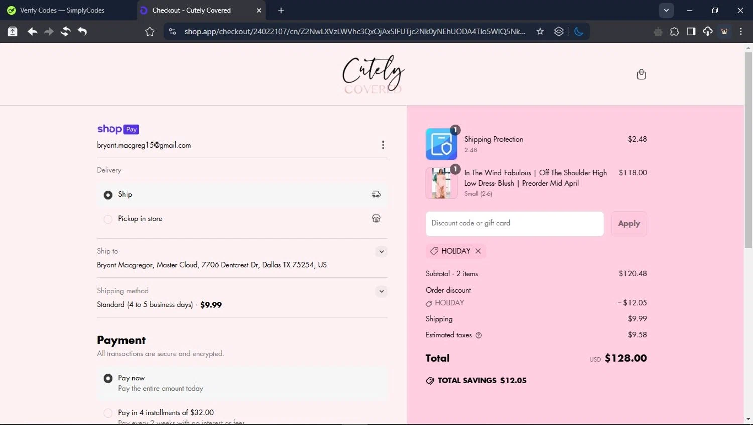 Cutely Covered discount code screenshot showing code HOLIDAY applied at Cutely Covered checkout page. Uploaded by SimplyCodes community member PromoSpotter1784 on Apr 2, 2025
