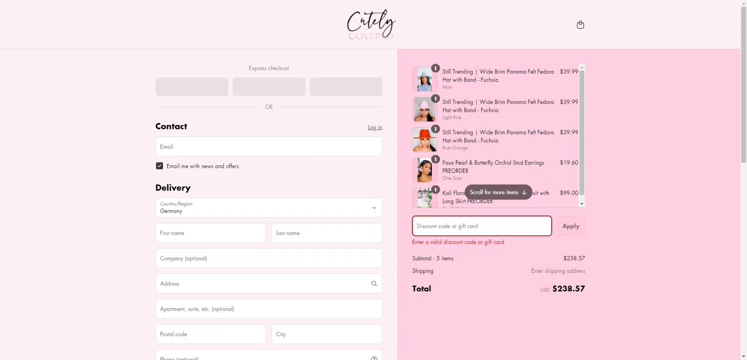 Cutely Covered discount code screenshot showing code SLAY10 applied at Cutely Covered checkout page. Uploaded by SimplyCodes community member PennyRanger8219 on Jun 20, 2025