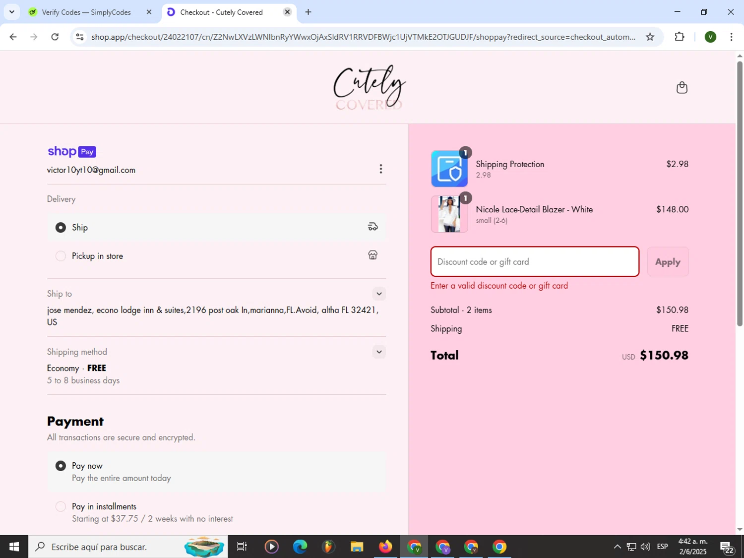 Cutely Covered discount code screenshot showing code SLAY10 applied at Cutely Covered checkout page. Uploaded by SimplyCodes community member PrimeWizard4168 on Jun 2, 2025