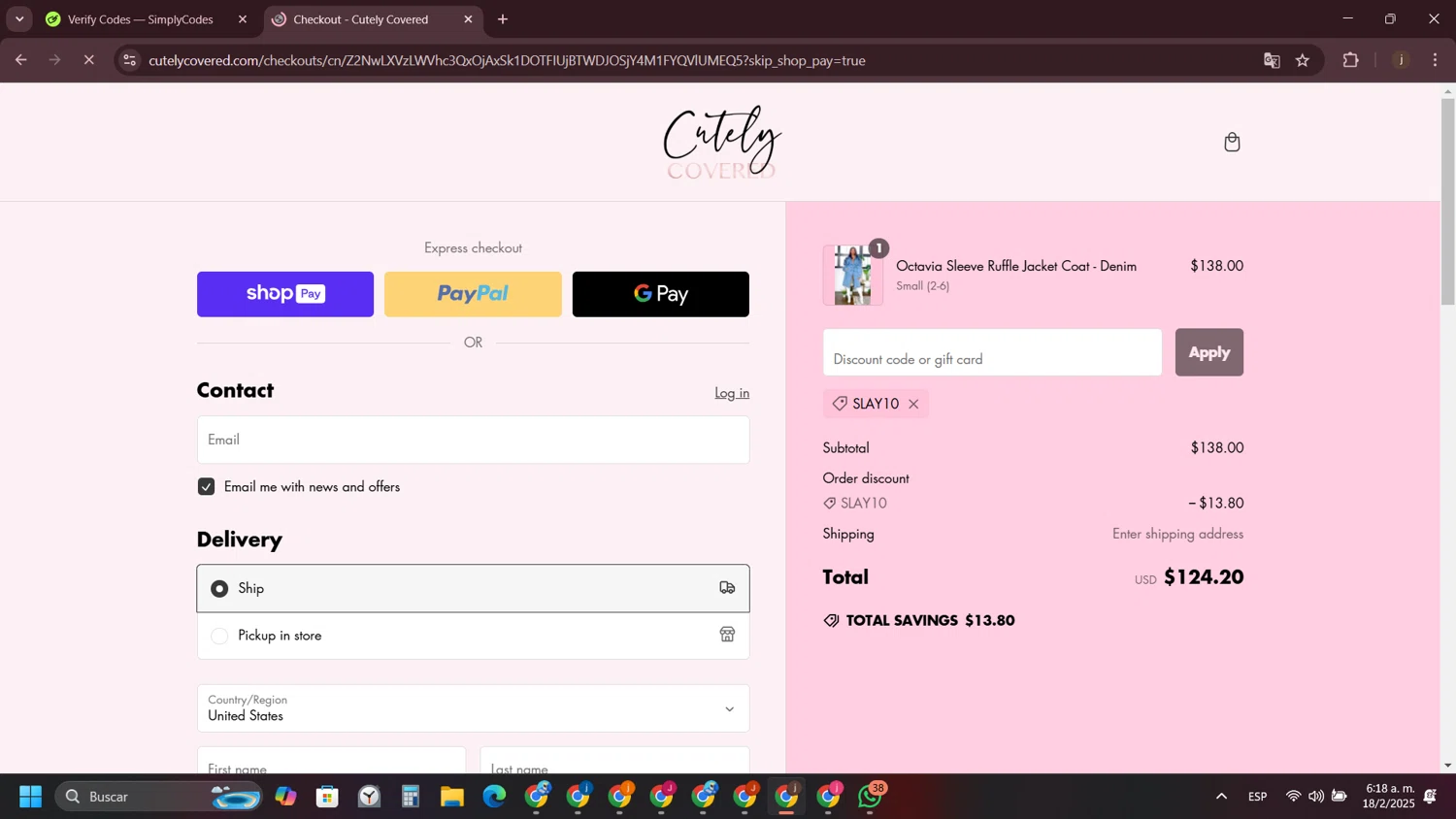 Cutely Covered discount code screenshot showing code SLAY10 applied at Cutely Covered checkout page. Uploaded by SimplyCodes community member VictoriousVirtuoso7711 on Feb 18, 2025