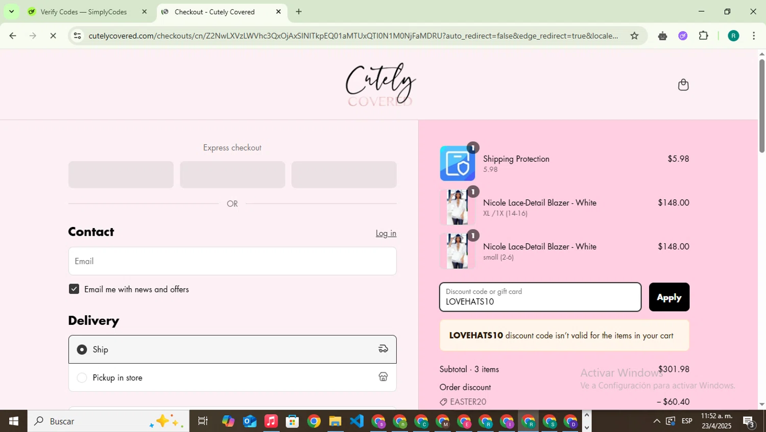 Cutely Covered discount code screenshot showing code LOVEHATS10 applied at Cutely Covered checkout page. Uploaded by SimplyCodes community member SavingsLegend387 on Apr 23, 2025