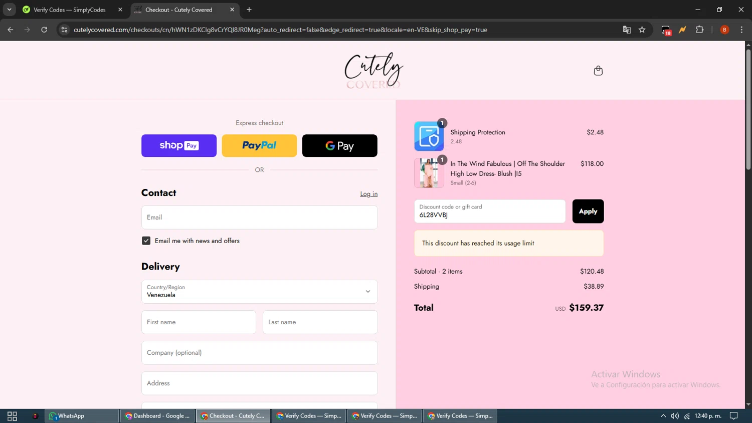 Cutely Covered discount code screenshot showing code 6L28VVBJ applied at Cutely Covered checkout page. Uploaded by SimplyCodes community member BrilliantLynx7174 on Aug 19, 2025