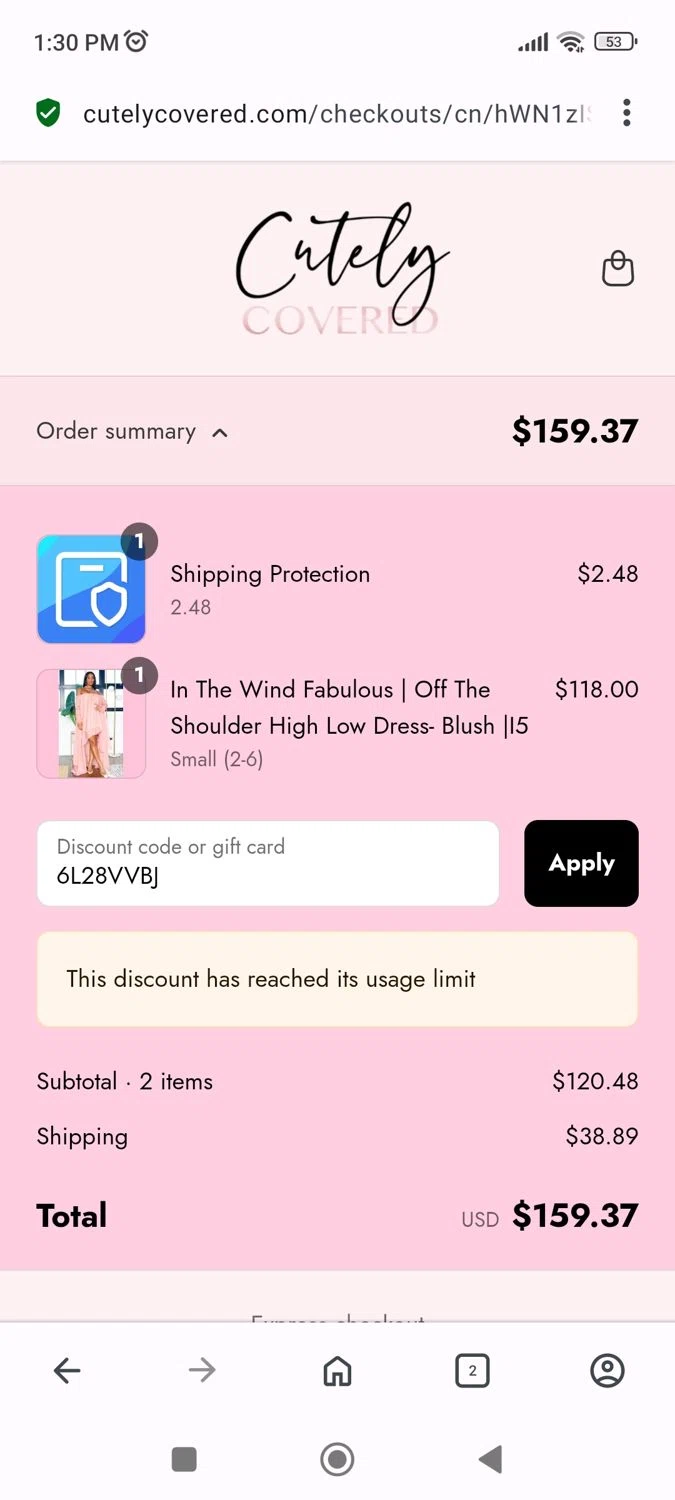 Cutely Covered discount code screenshot showing code 6L28VVBJ applied at Cutely Covered checkout page. Uploaded by SimplyCodes community member Levi_Ackerman on Aug 19, 2025