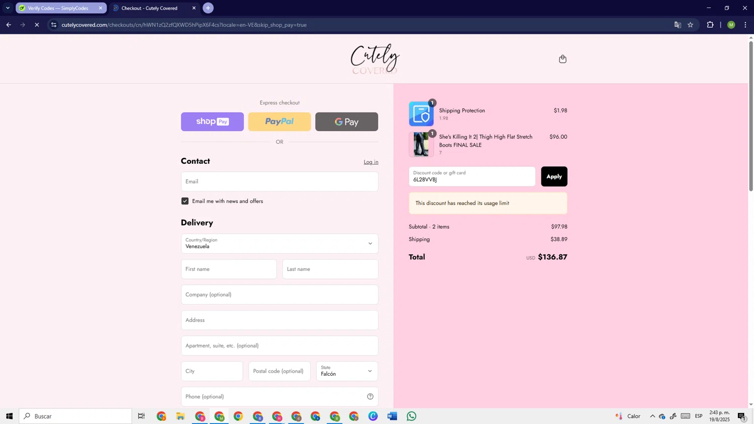 Cutely Covered discount code screenshot showing code 6L28VVBJ applied at Cutely Covered checkout page. Uploaded by SimplyCodes community member PrimeSage6924 on Aug 19, 2025