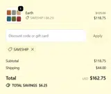 SAVESHIP coupon verification screenshot