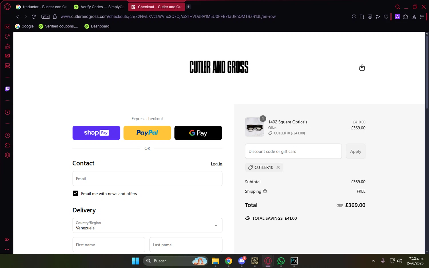 Cutler and Gross discount code screenshot showing code CUTLER10 applied at Cutler and Gross checkout page. Uploaded by SimplyCodes community member LuckyVoyager5522 on Jun 24, 2025