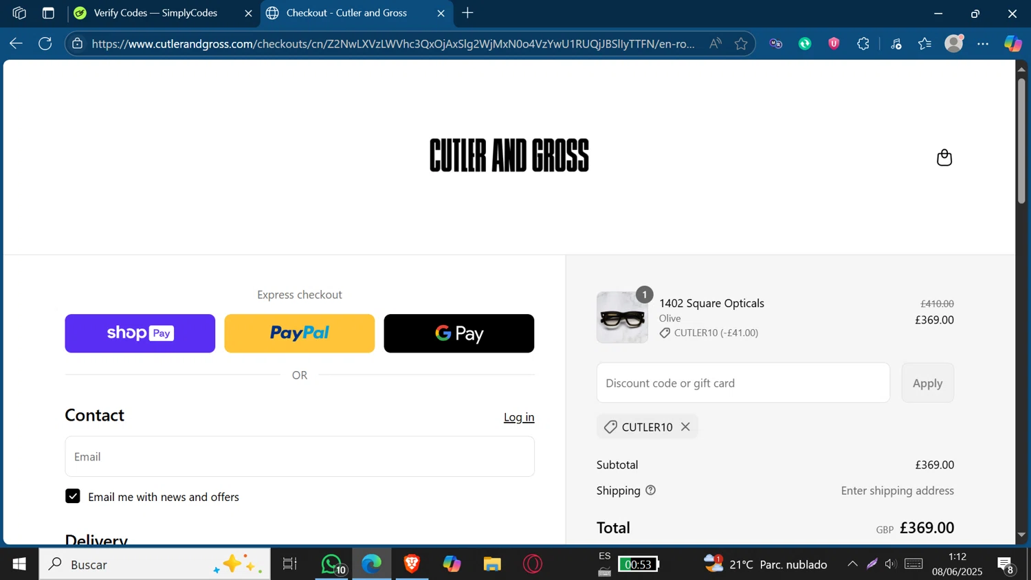 Cutler and Gross discount code screenshot showing code CUTLER10 applied at Cutler and Gross checkout page. Uploaded by SimplyCodes community member Jeffersontorrealba on Jun 8, 2025