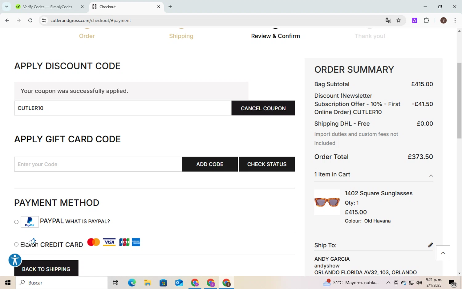 Cutler and Gross discount code screenshot showing code CUTLER10 applied at Cutler and Gross checkout page. Uploaded by SimplyCodes community member QuestPhoenix2794 on Jan 3, 2025