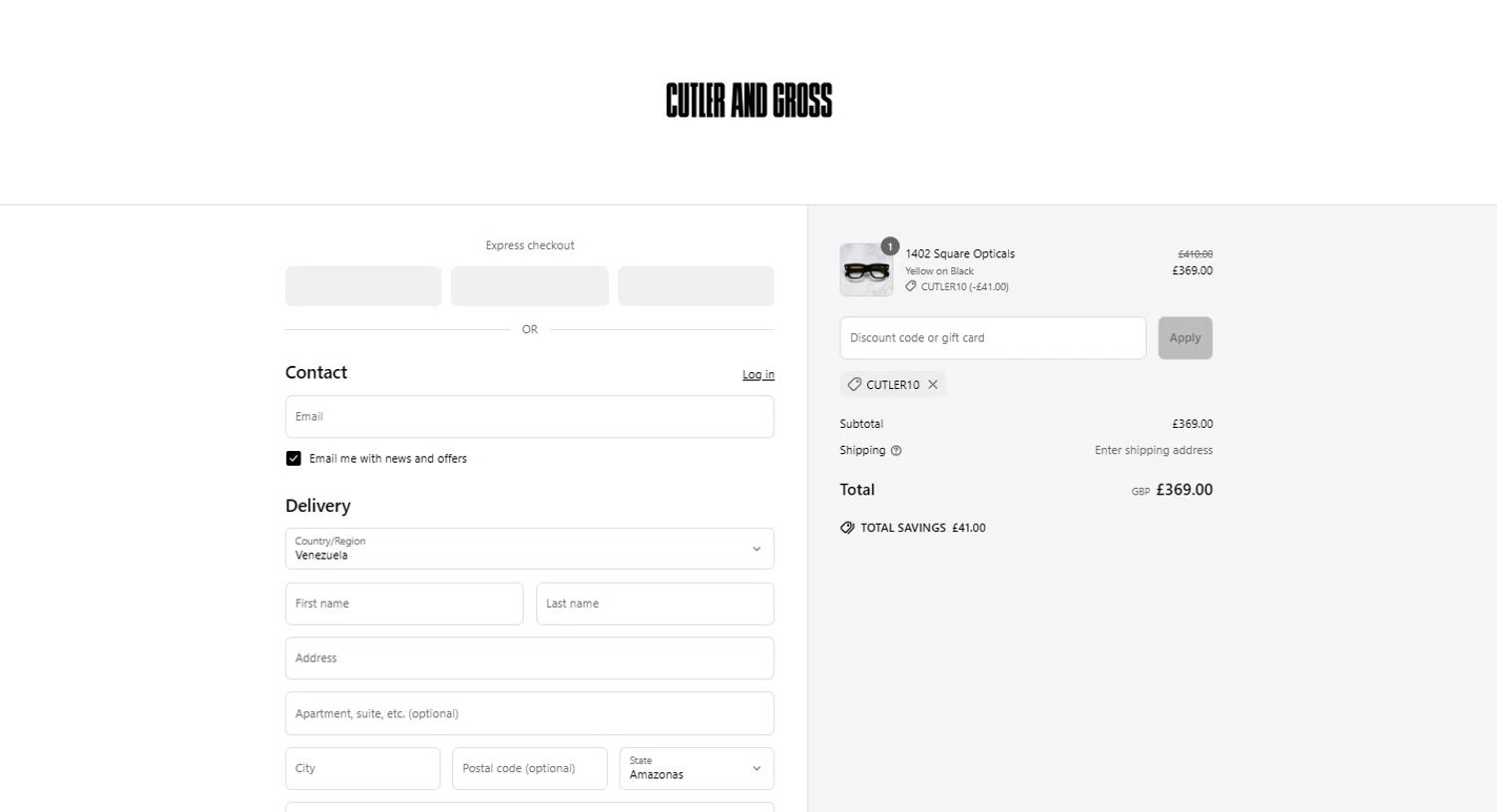 Cutler and Gross discount code screenshot showing code CUTLER10 applied at Cutler and Gross checkout page. Uploaded by SimplyCodes community member VictoriousSpotter2855 on Jun 15, 2025
