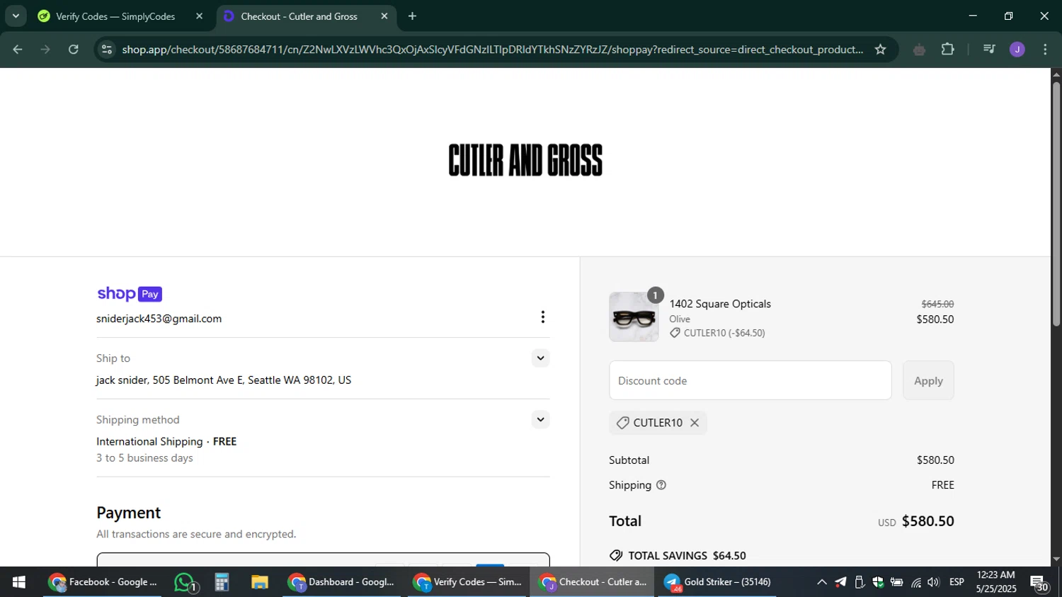 Cutler and Gross discount code screenshot showing code CUTLER10 applied at Cutler and Gross checkout page. Uploaded by SimplyCodes community member sniderjack453 on May 25, 2025