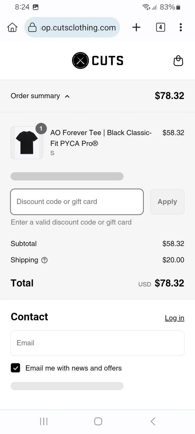Cuts Clothing discount code screenshot showing code PATBEV applied at Cuts Clothing checkout page. Uploaded by SimplyCodes community member ScanMaverick9378 on Jul 13, 2025