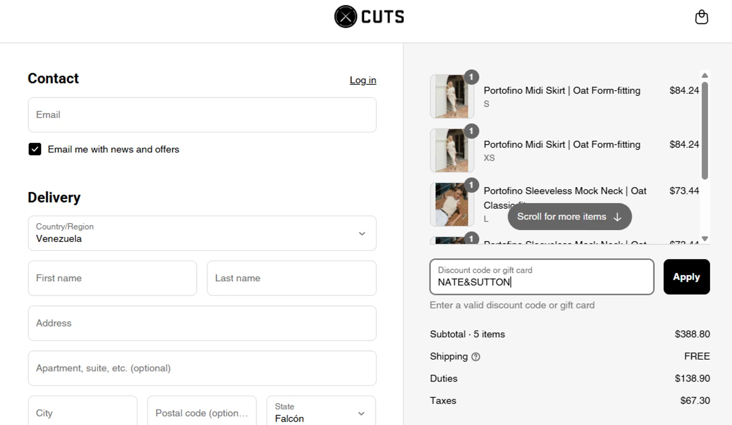 Cuts Clothing discount code screenshot showing code NATE&SUTTON applied at Cuts Clothing checkout page. Uploaded by SimplyCodes community member Mari_perez on Jul 19, 2025