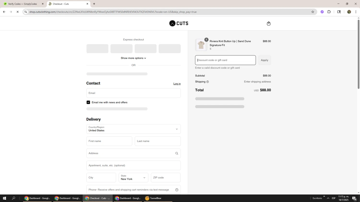 Cuts Clothing discount code screenshot showing code NATE&SUTTON applied at Cuts Clothing checkout page. Uploaded by SimplyCodes community member Phoenix585 on Jul 19, 2025