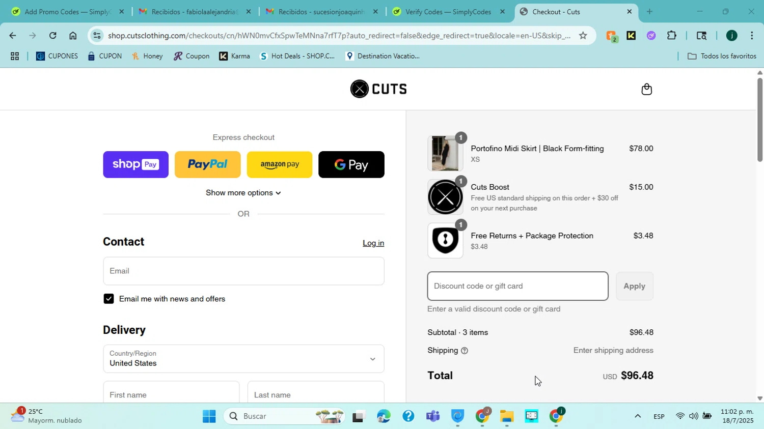 Cuts Clothing discount code screenshot showing code NATE&SUTTON applied at Cuts Clothing checkout page. Uploaded by SimplyCodes community member jorgejavierherrera on Jul 19, 2025