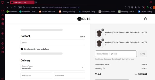 Cuts Clothing checkout page showing Cuts Clothing discount code box | Screenshot taken by SimplyCodes community member on Aug 15, 2025