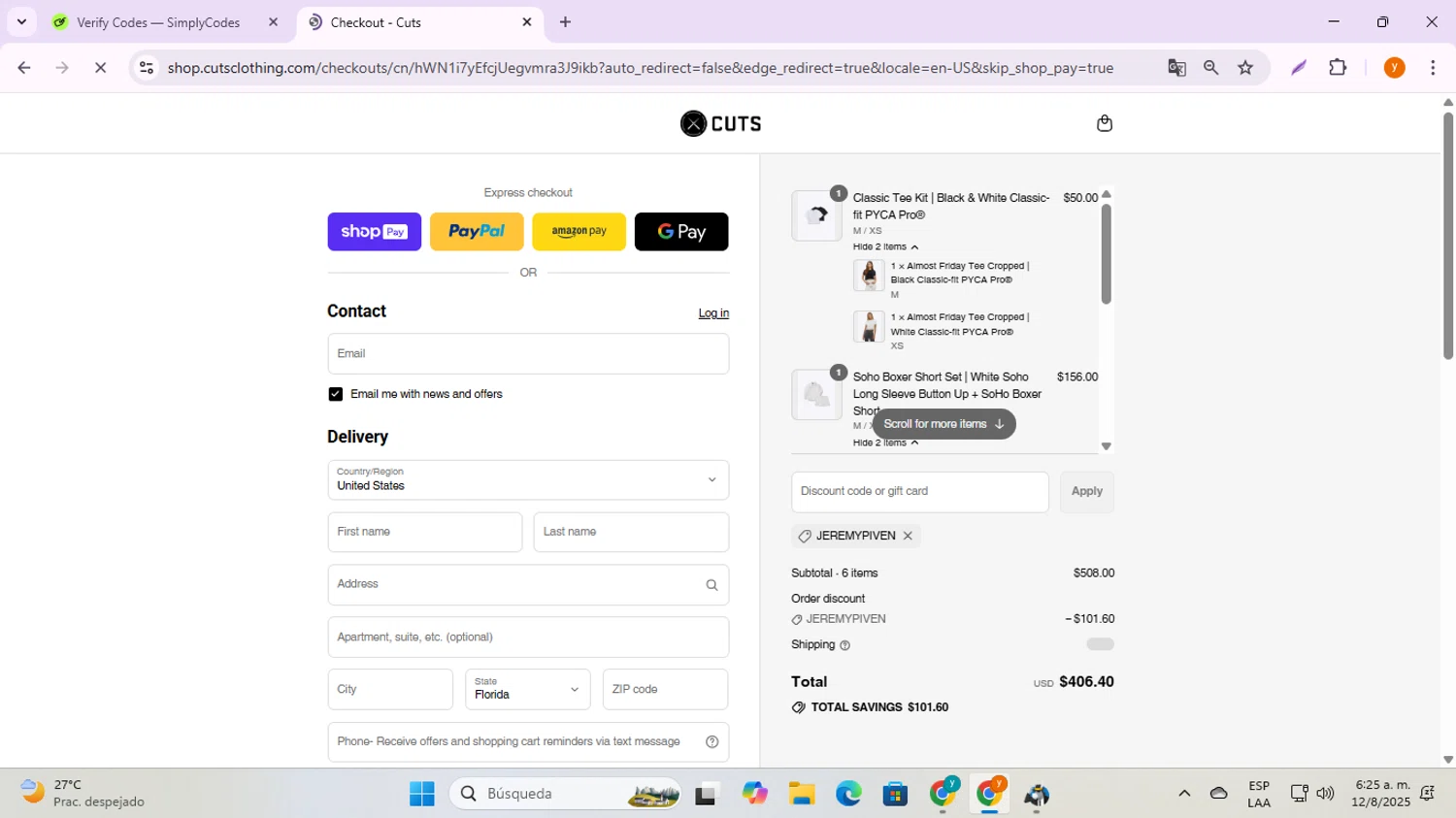 Cuts Clothing discount code screenshot showing code JeremyPiven applied at Cuts Clothing checkout page. Uploaded by SimplyCodes community member ycg487 on Aug 12, 2025