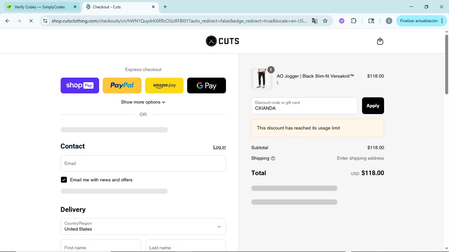 Cuts Clothing discount code screenshot showing code CXIANDA applied at Cuts Clothing checkout page. Uploaded by SimplyCodes community member EpicScholar6418 on Aug 5, 2025