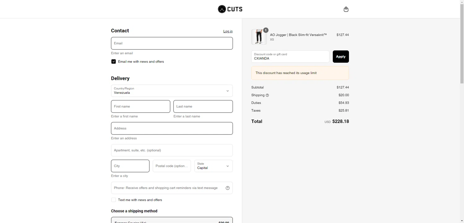 Cuts Clothing discount code screenshot showing code CXIANDA applied at Cuts Clothing checkout page. Uploaded by SimplyCodes community member TreasureKnight4134 on Aug 5, 2025