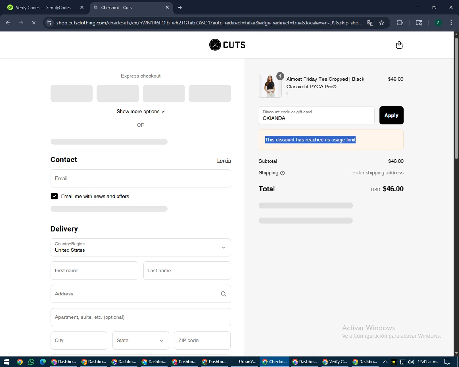 Cuts Clothing discount code screenshot showing code CXIANDA applied at Cuts Clothing checkout page. Uploaded by SimplyCodes community member lilMosey on Aug 5, 2025