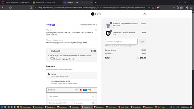 Cuts Clothing checkout page showing Cuts Clothing discount code box | Screenshot taken by SimplyCodes community member on Aug 20, 2025
