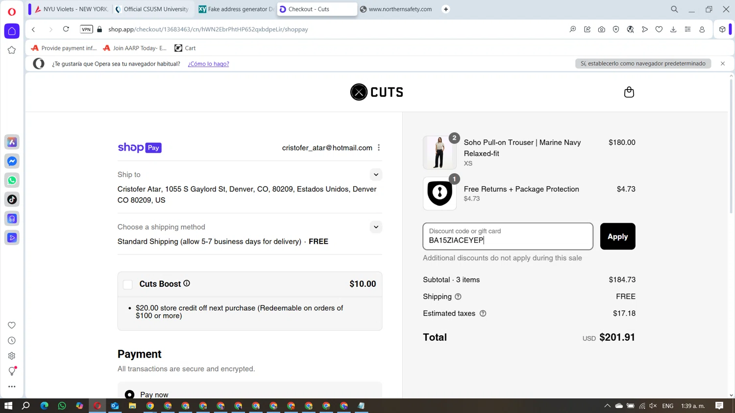 Cuts Clothing discount code screenshot showing code BA15ZIACEYEP applied at Cuts Clothing checkout page. Uploaded by SimplyCodes community member Phoenix23 on Aug 26, 2025