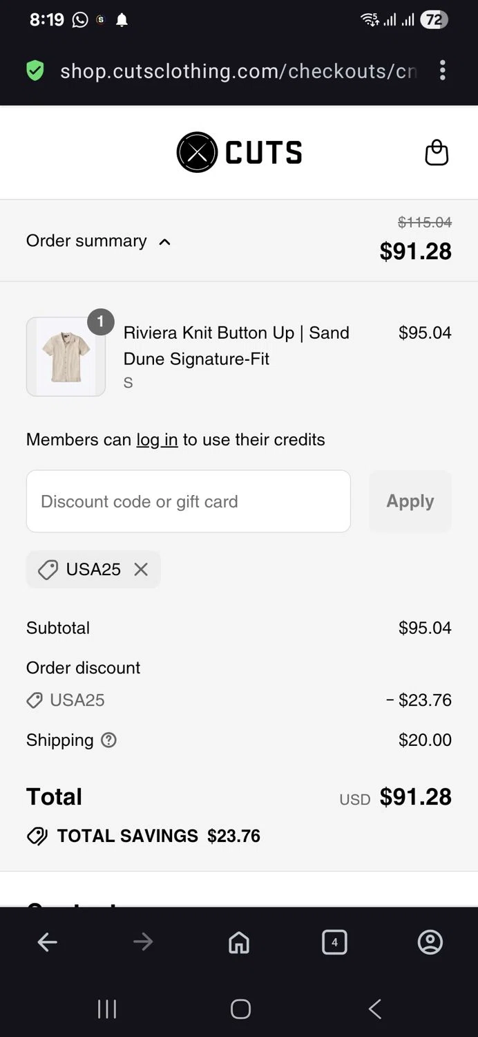 Cuts Clothing discount code screenshot showing code Usa25 applied at Cuts Clothing checkout page. Uploaded by SimplyCodes community member vida5254427716958 on Jul 2, 2025