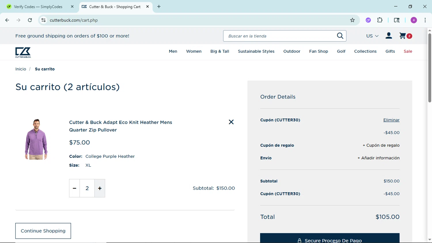 Cutter & Buck promo code screenshot showing code CUTTER30 applied at Cutter & Buck checkout page. Uploaded by SimplyCodes community member PennyBoss9589 on Jul 8, 2025