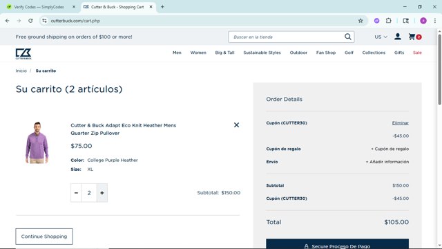 Cutter & Buck checkout page showing Cutter & Buck promo code box | Screenshot taken by SimplyCodes community member on Jul 8, 2025