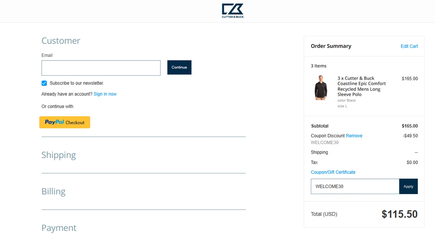 Cutter & Buck promo code screenshot showing code WELCOME30 applied at Cutter & Buck checkout page. Uploaded by SimplyCodes community member DRINKI on Jul 18, 2025
