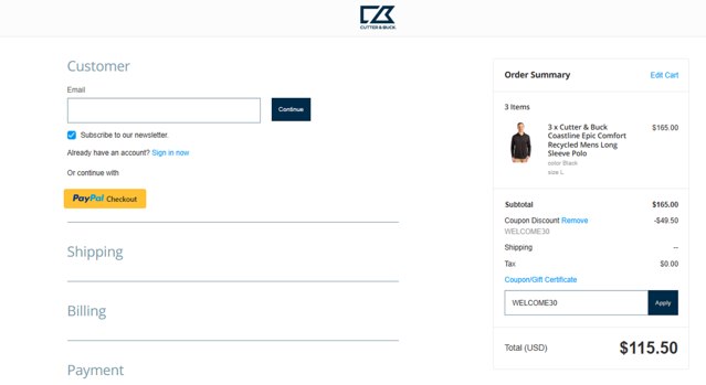 Cutter & Buck checkout page showing Cutter & Buck promo code box | Screenshot taken by SimplyCodes community member on Jul 18, 2025