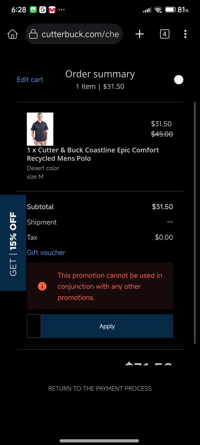 Cutter & Buck promo code screenshot showing code WELCOME30 applied at Cutter & Buck checkout page. Uploaded by SimplyCodes community member Diego_Soto on Aug 29, 2025