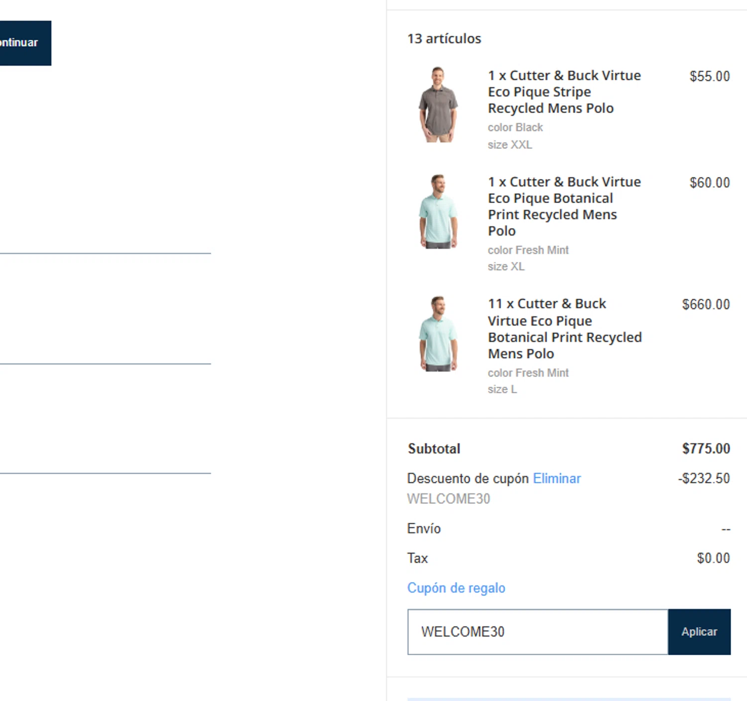 Cutter & Buck promo code screenshot showing code WELCOME30 applied at Cutter & Buck checkout page. Uploaded by SimplyCodes community member ValiantFox3884 on Jul 18, 2025