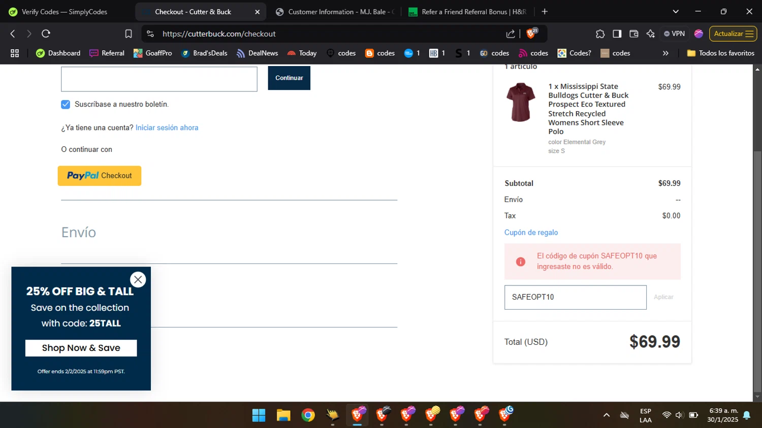 Cutter & Buck promo code screenshot showing code SAFEOPT10 applied at Cutter & Buck checkout page. Uploaded by SimplyCodes community member BabaYaga on Jan 30, 2025