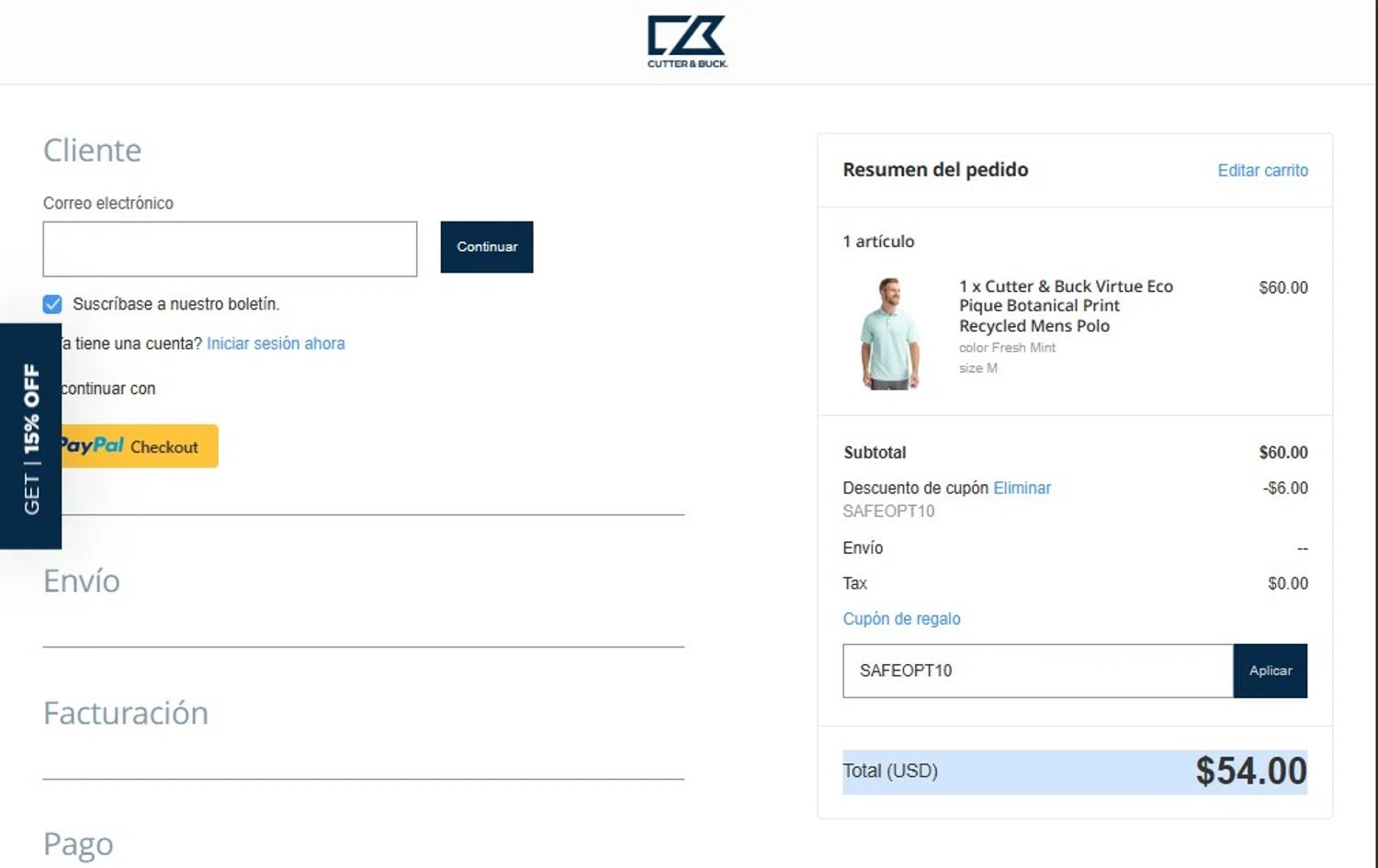 Cutter & Buck promo code screenshot showing code SAFEOPT10 applied at Cutter & Buck checkout page. Uploaded by SimplyCodes community member VictoriousSpotter2855 on Aug 1, 2025