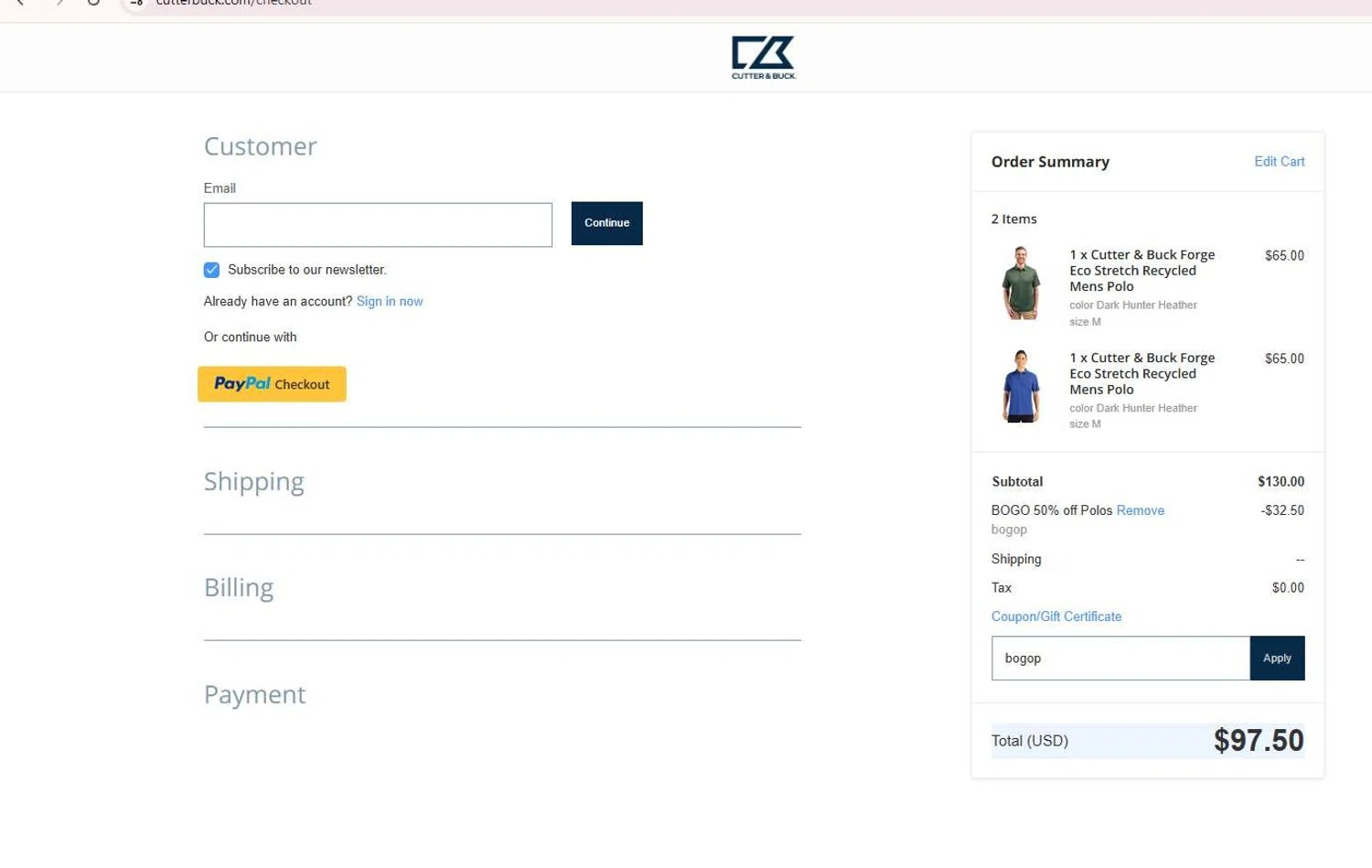Cutter & Buck promo code screenshot showing code bogop applied at Cutter & Buck checkout page. Uploaded by SimplyCodes community member 6d796e616d656973 on Jul 10, 2025