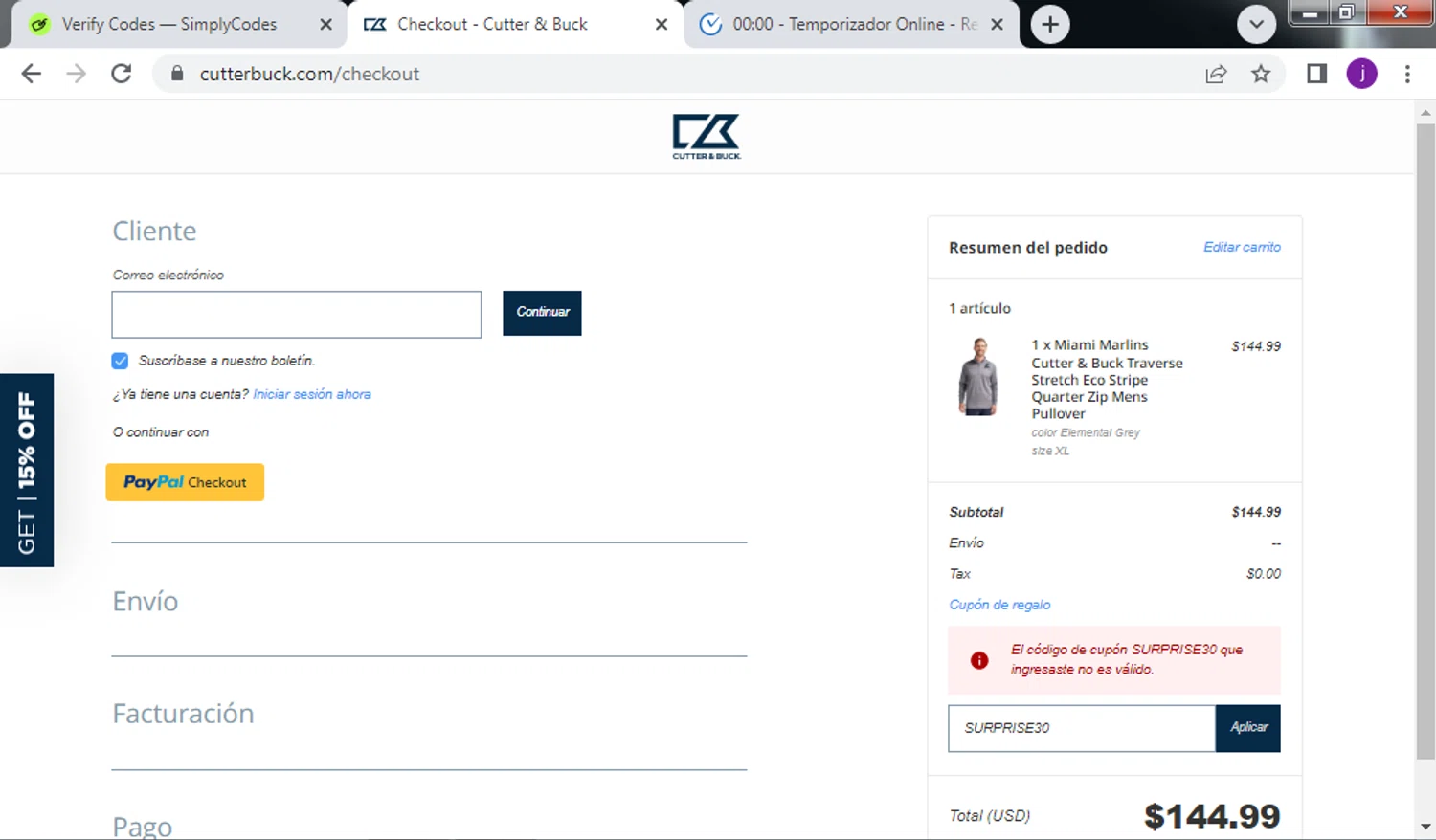 Cutter & Buck promo code screenshot showing code SURPRISE30 applied at Cutter & Buck checkout page. Uploaded by SimplyCodes community member QuestScholar4095 on Aug 1, 2025