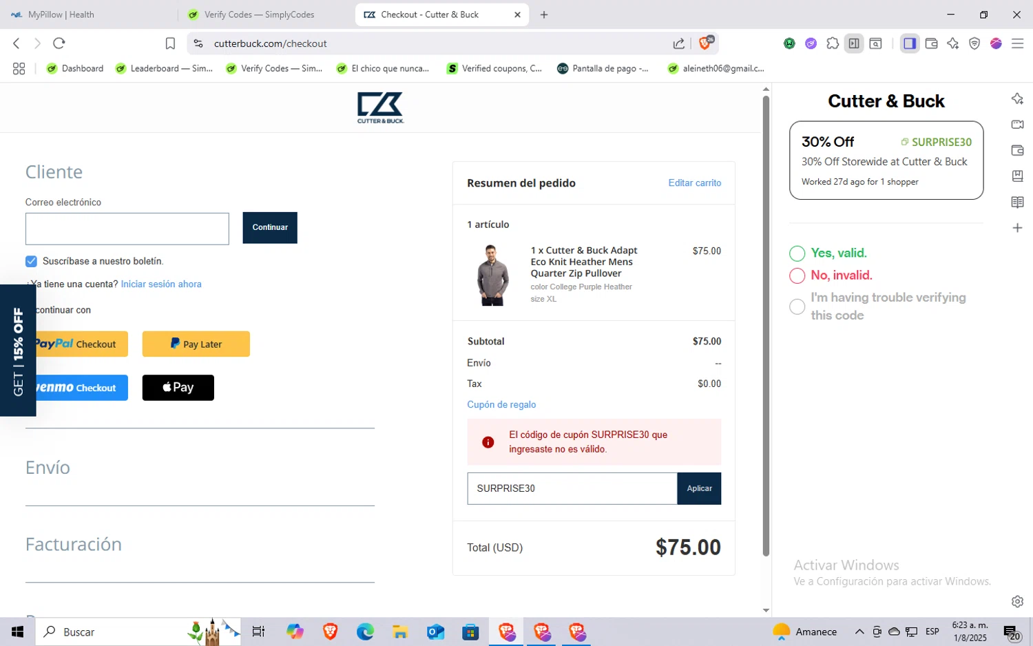 Cutter & Buck promo code screenshot showing code SURPRISE30 applied at Cutter & Buck checkout page. Uploaded by SimplyCodes community member holaquetal on Aug 1, 2025