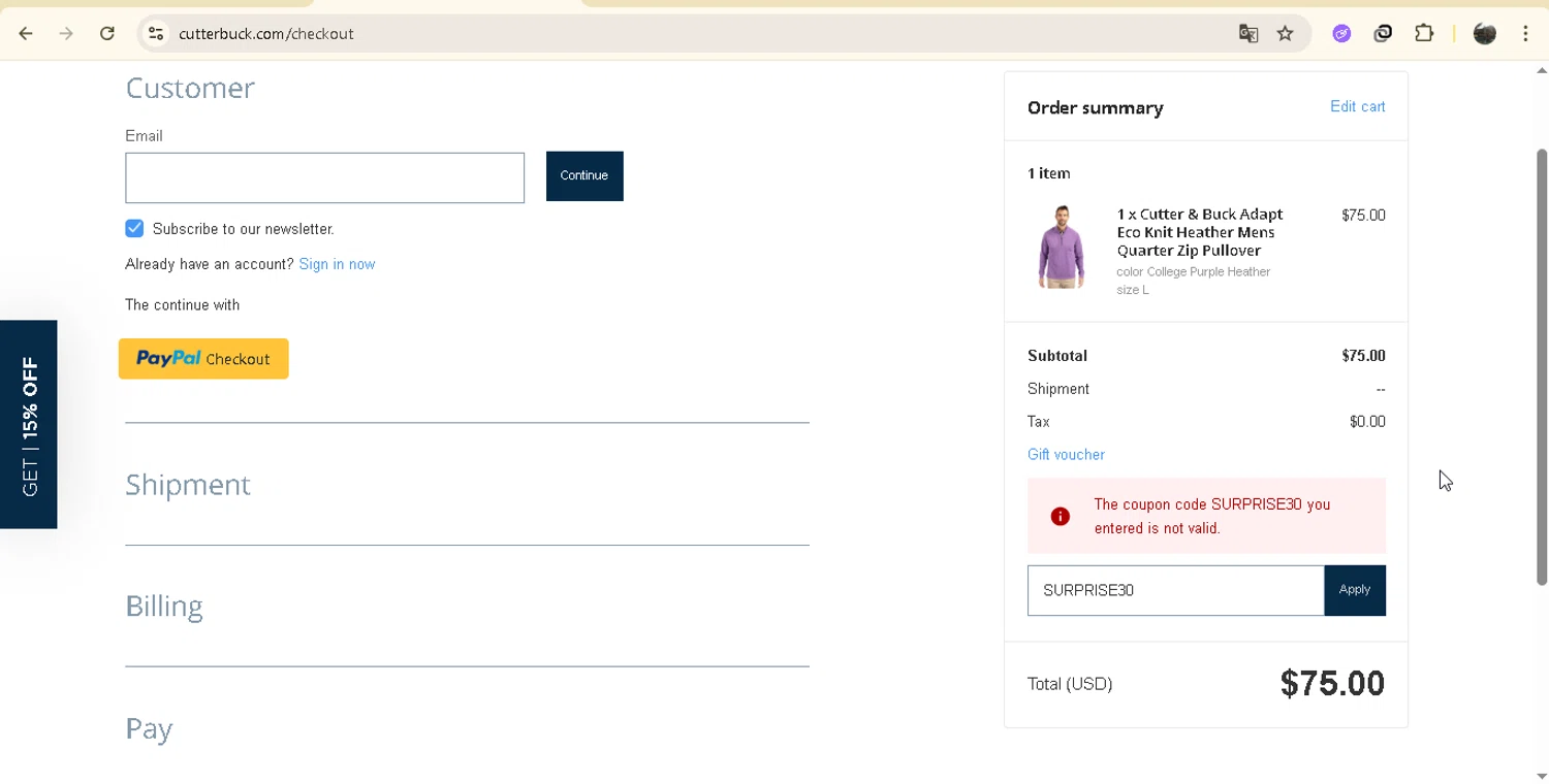 Cutter & Buck promo code screenshot showing code SURPRISE30 applied at Cutter & Buck checkout page. Uploaded by SimplyCodes community member onebullet on Aug 1, 2025