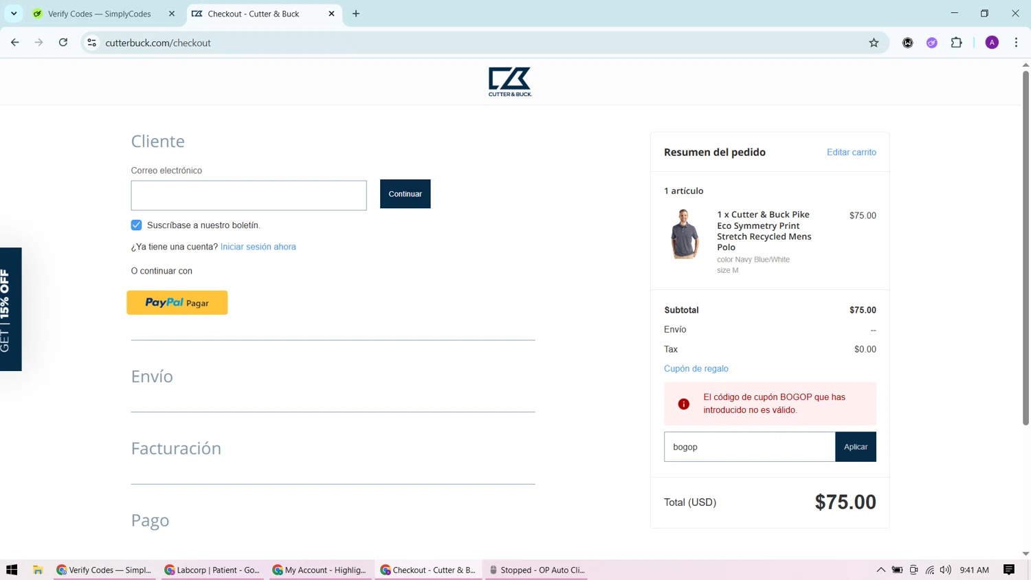 Cutter & Buck promo code screenshot showing code bogop applied at Cutter & Buck checkout page. Uploaded by SimplyCodes community member CashChaser7272 on Aug 8, 2025