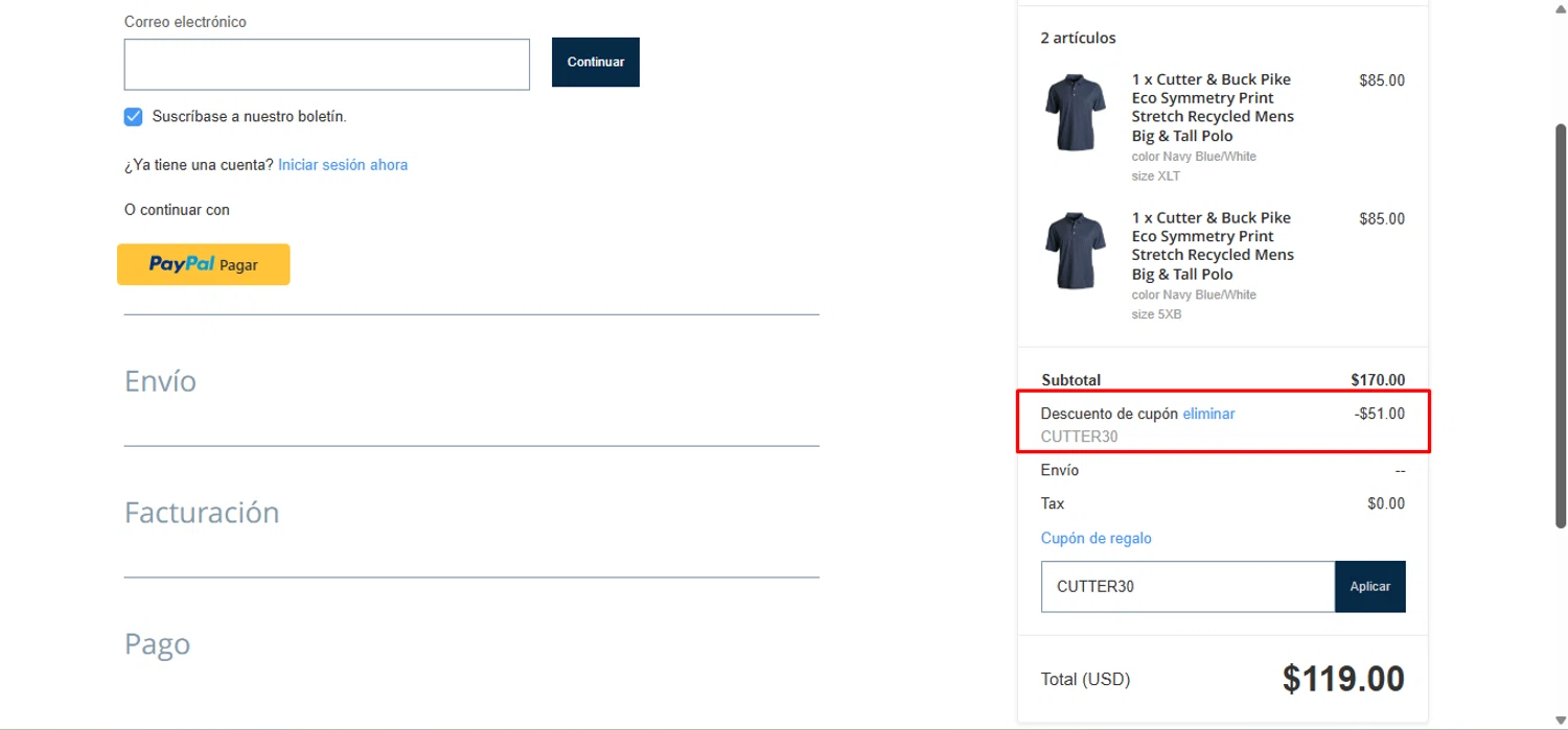Cutter & Buck promo code screenshot showing code CUTTER30 applied at Cutter & Buck checkout page. Uploaded by SimplyCodes community member anosesmith on Jun 9, 2025