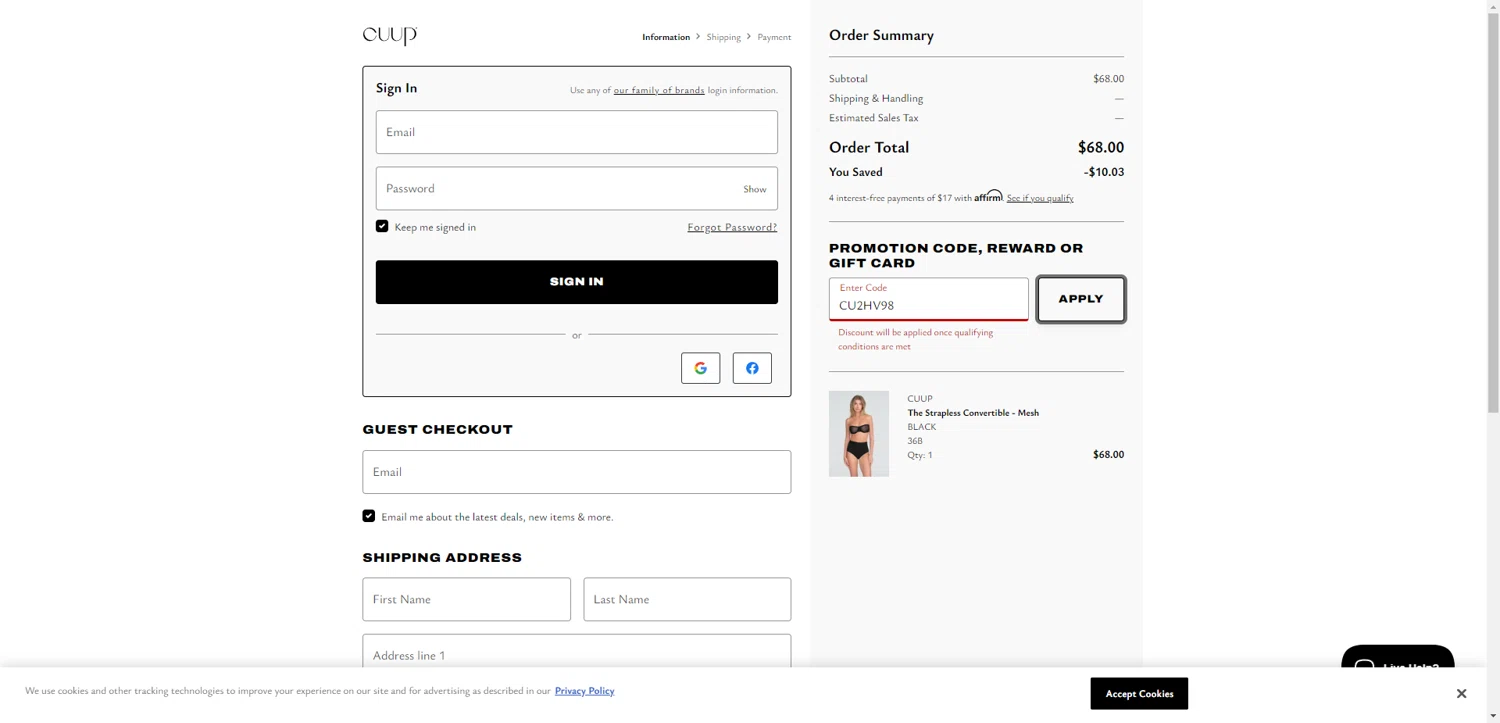 CUUP promo code screenshot showing code CU2HV98 applied at CUUP checkout page. Uploaded by SimplyCodes community member CodeGuardian5312 on Jul 29, 2025