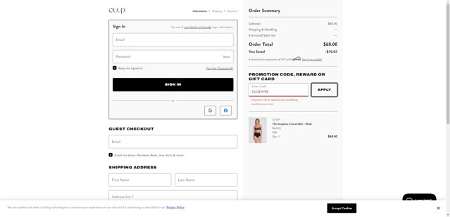 CUUP checkout page showing CUUP promo code box | Screenshot taken by SimplyCodes community member on Jul 29, 2025