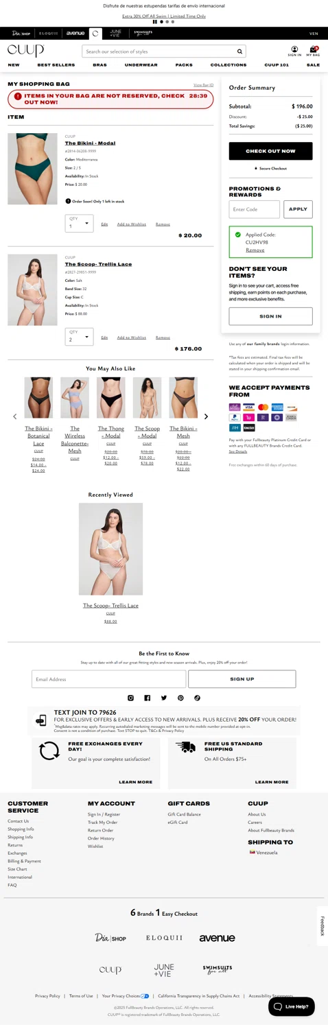 CUUP promo code screenshot showing code CU2HV98 applied at CUUP checkout page. Uploaded by SimplyCodes community member Rossimar on May 8, 2025