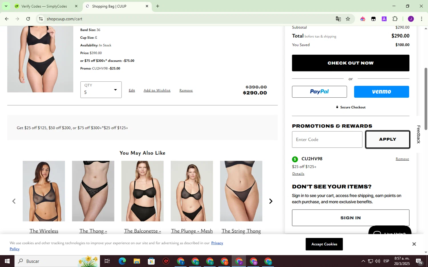 CUUP promo code screenshot showing code CU2HV98 applied at CUUP checkout page. Uploaded by SimplyCodes community member SmartWhiz1165 on Mar 20, 2025